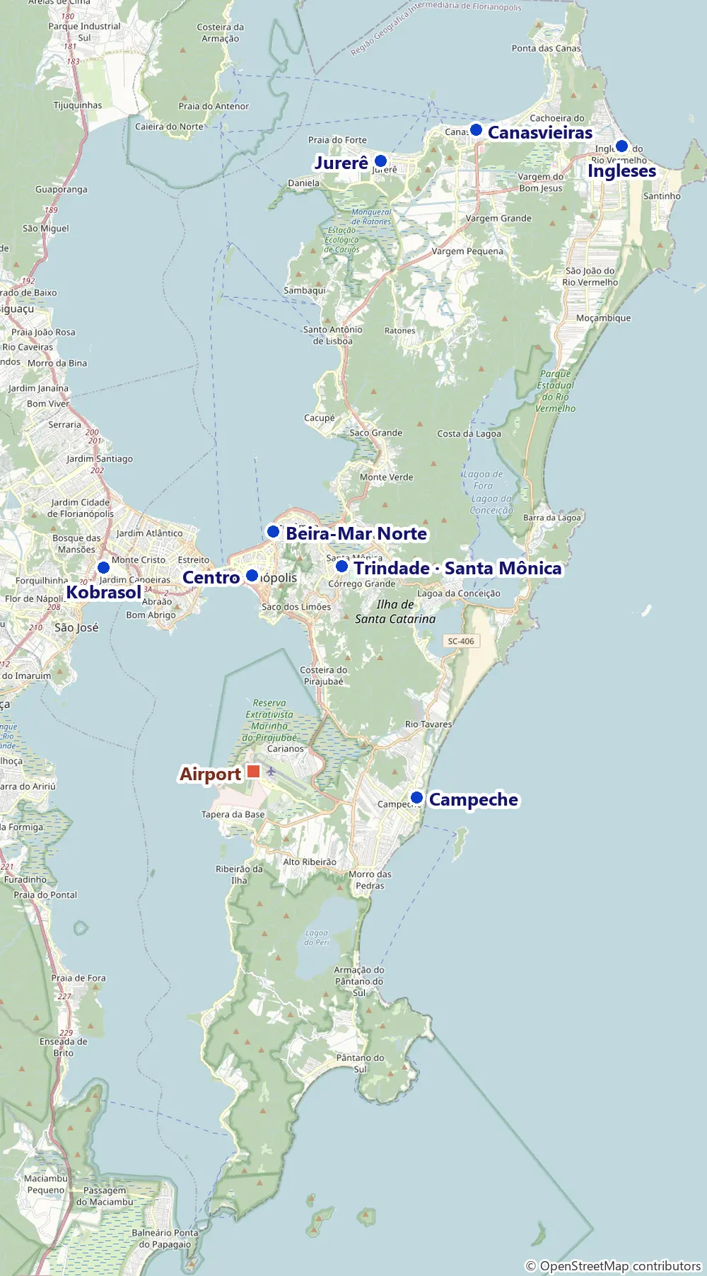 Map of Florianópolis with Beira-Mar Norte, Centro, Trindade, Santa Mônica, Campeche, Jurerê, Canasvieiras, Ingleses, Kobrasol and the airport
